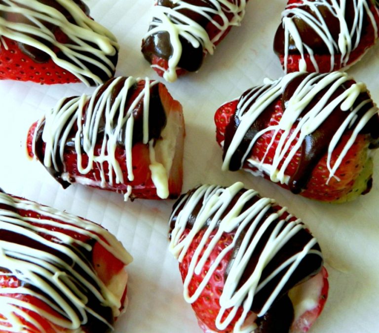 Cheesecake Filled Strawberries With White And Dark Chocolate Drizzle