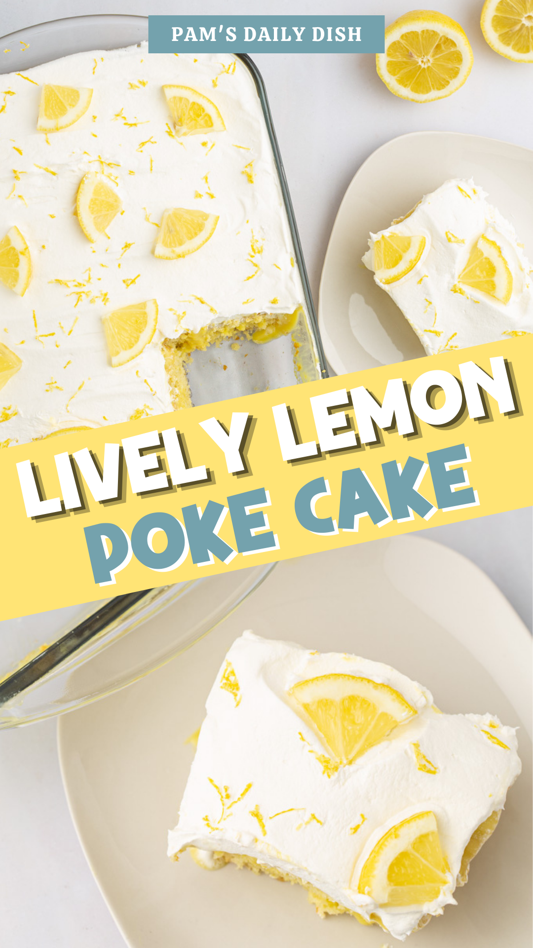 This Lively Lemon Pudding Poke Cake is an easy dessert recipe you don't want to miss. It's the perfect summer dessert for any party and everybody loves it. Plus, it is super simple to make using your favorite boxed cake mix, lemon pudding, and a handful of other ingredients. If you're looking for something sweet and quick to make, this is the best idea! via @skinnydesserts