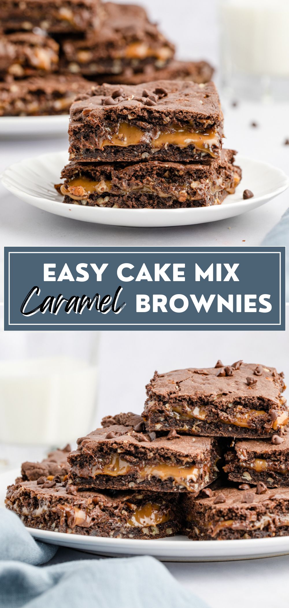 These ooey gooey caramel brownies made from chocolate boxed cake mix are so easy and simple to make. It's a dessert that is sure to wow your guests. They are filled with caramel squares, chocolate chips, and pecans. So fudgy and delicious. You can't stop at just one! via @skinnydesserts