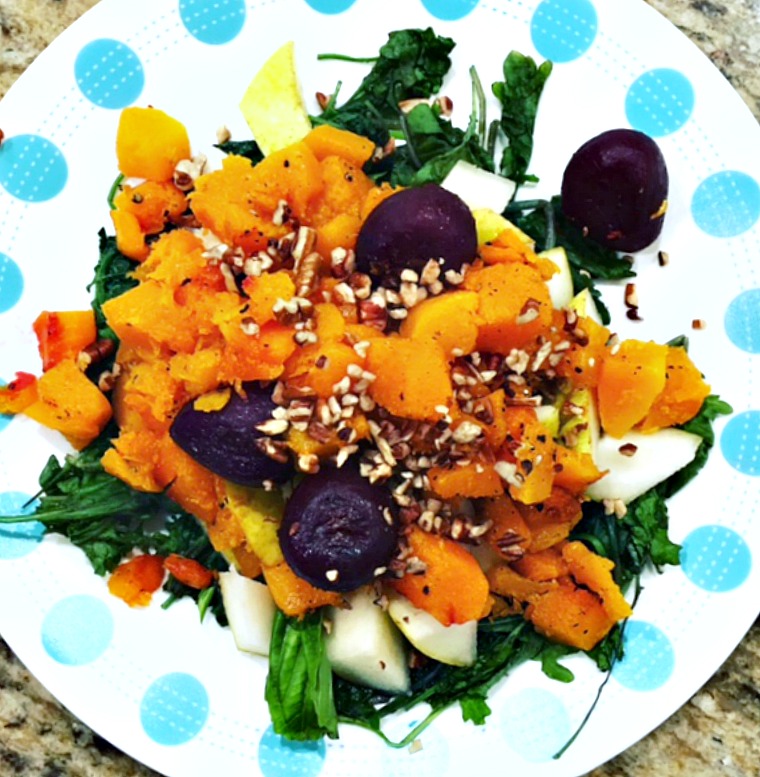 Warm Kale Salad With Butternut Squash, Pears, Beets, and Toasted Pecans