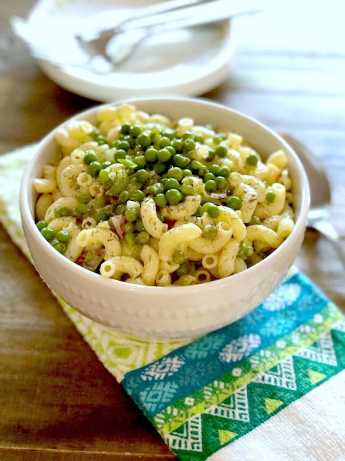 shrimp macaroni salad with peas and olives