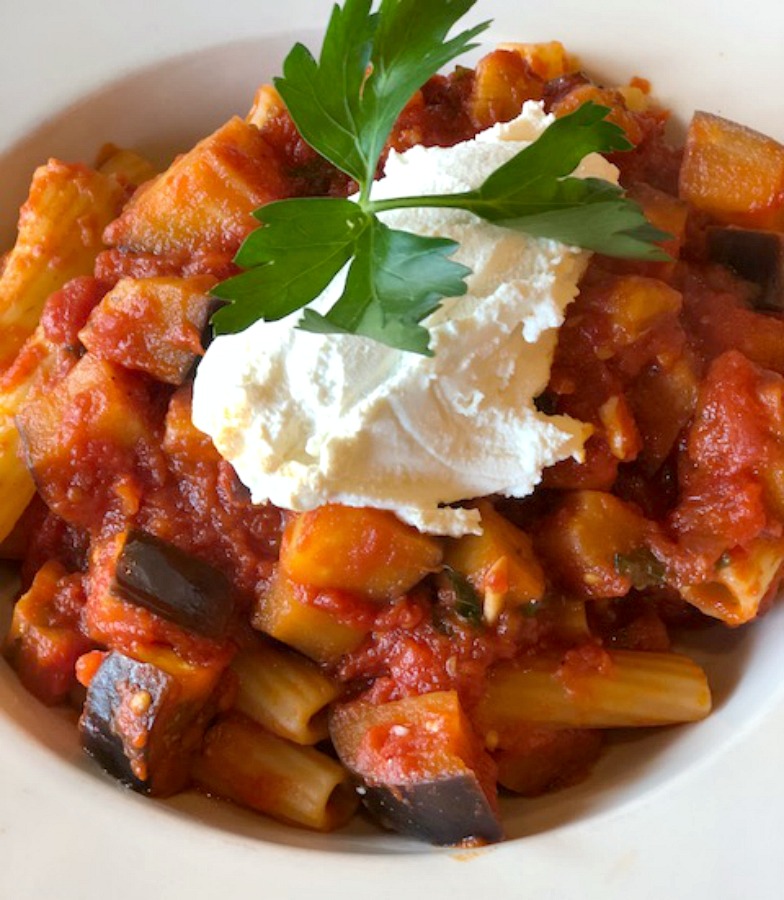 Shortcut Eggplant Tomato Sauce with Rigatoni and Ricotta Pams Daily Dish