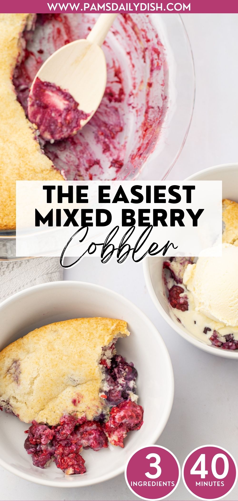 This is the easiest mixed berry cobbler recipe! It is the perfect summer dessert and so simple to make with boxed cake, frozen berries, and seltzer. Top it with your favorite ice cream and you've got yourself a quick and easy treat the whole family will love! via @skinnydesserts