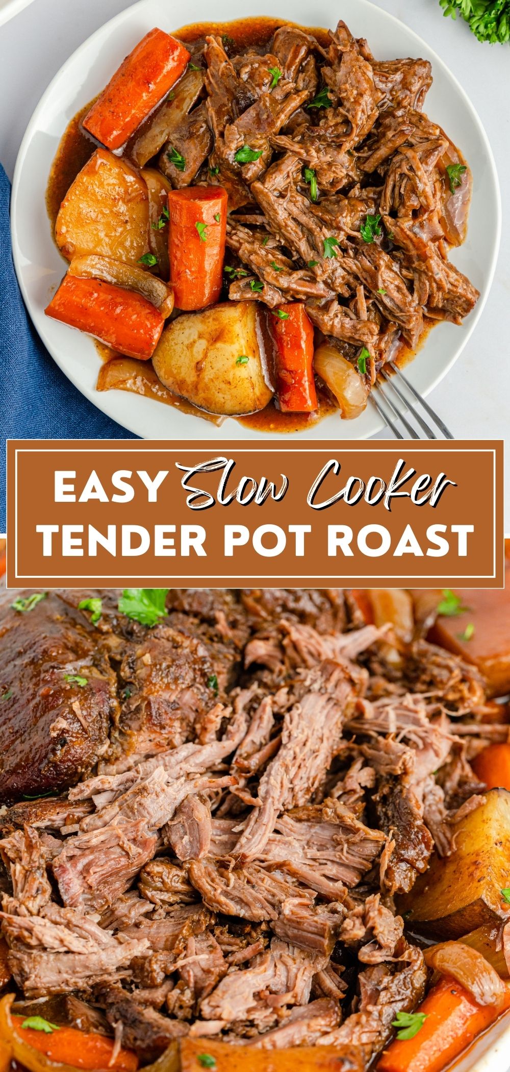 This delicious and tender pot roast recipe is so easy to make using your slow cooker or crock pot. The meat just falls apart and is covered in gravy. It's a family favorite dinner in my house! via @skinnydesserts