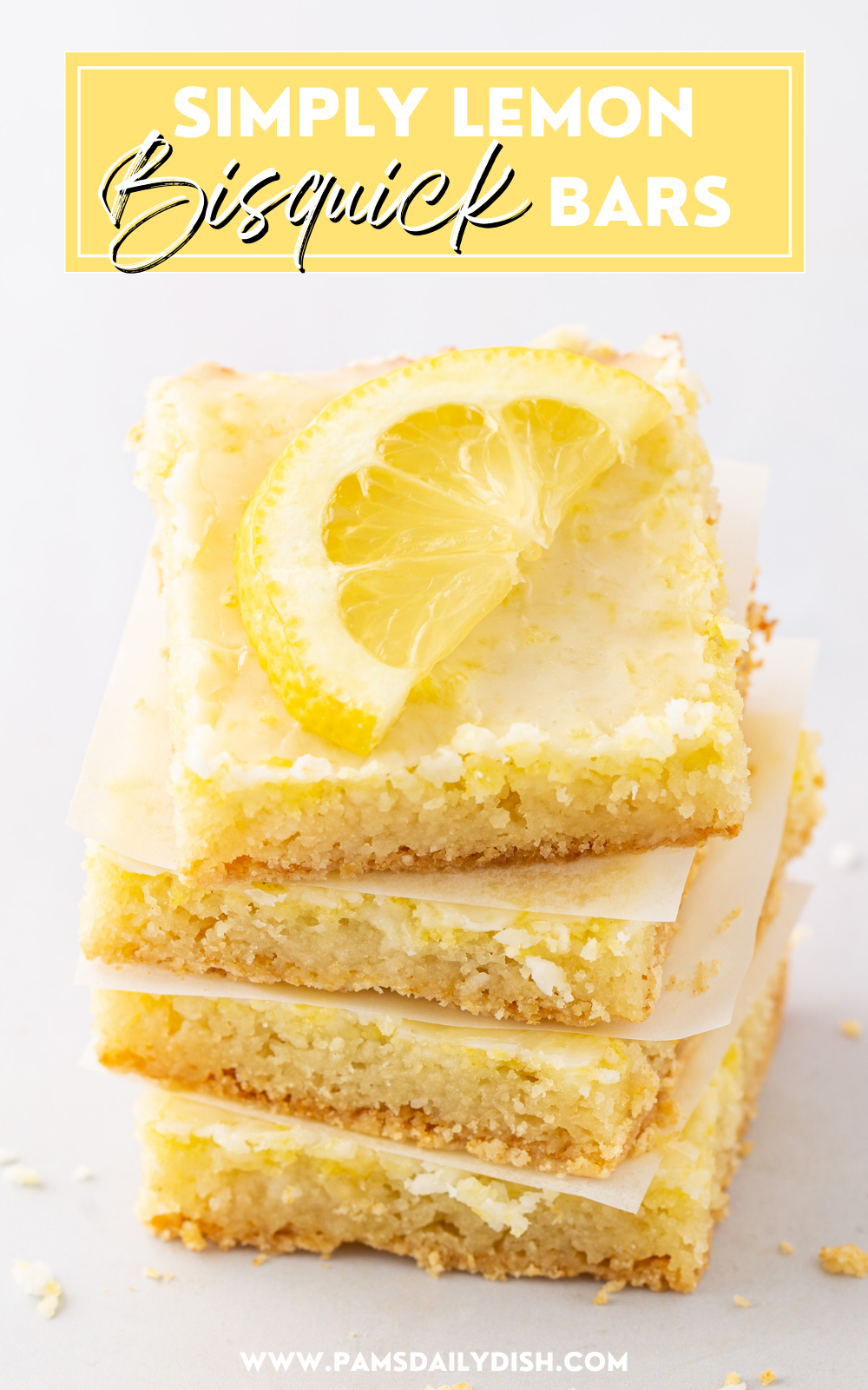 These Bisquick lemon bars are such an easy and simple dessert idea. The perfect recipe for your dessert table this summer. They're a quick snack to make and are great for breakfast too! All it takes is a handful of ingredients like Bisquick, lemon, eggs, and sugar. The glaze is so wonderfully lemony and delicious. It's sure to be a new family favorite like it is in my house! Pack it for work or school so you have a nice little pick-me-up for lunch. via @skinnydesserts