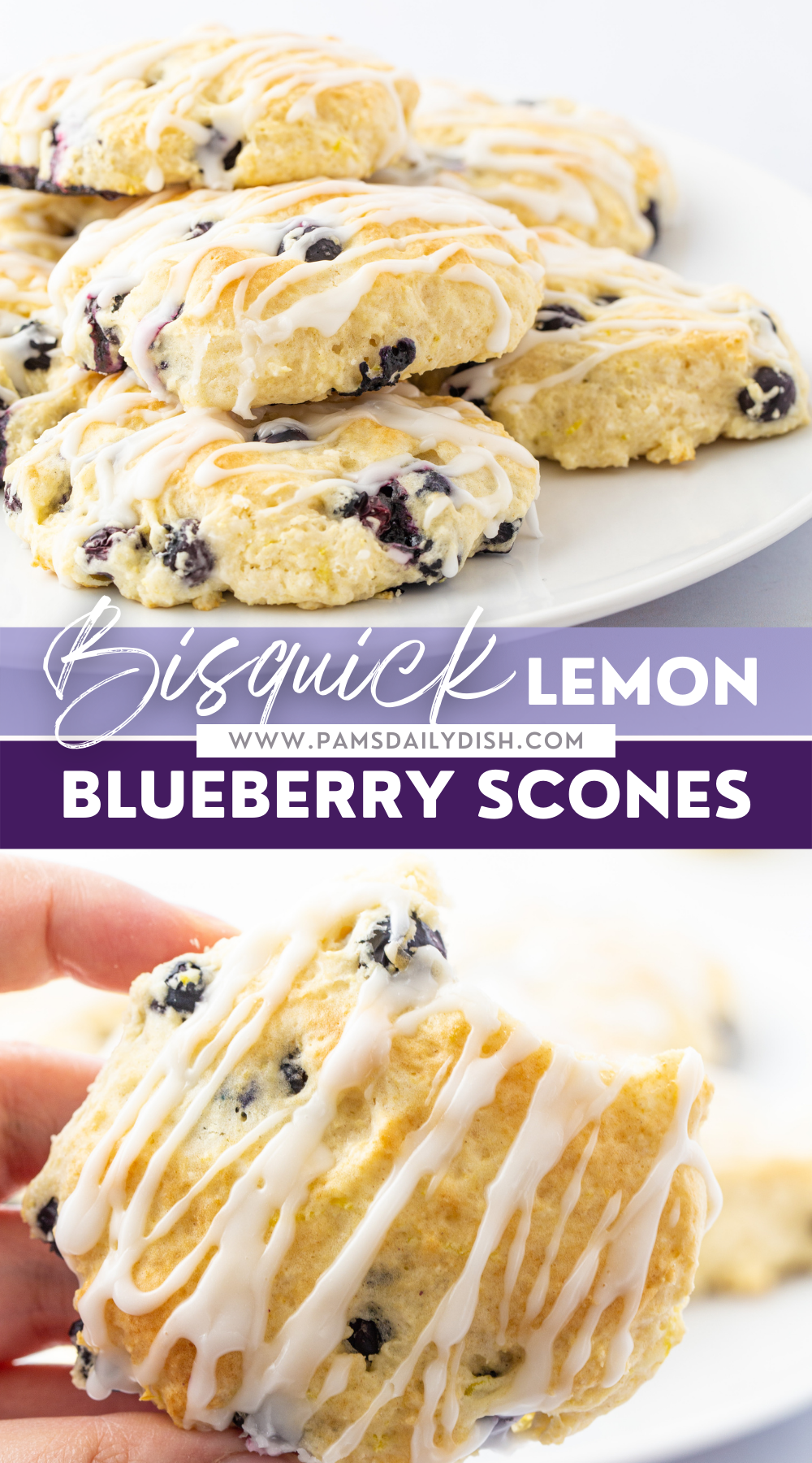 These easy Bisquick lemon blueberry scones are a family favorite for a quick breakfast or snack. It's so easy to eat on the go and a delicious sweet treat to pack into work or school lunches. It's simple to make with just a handful on ingredients. Plus it tastes amazing with that perfect lemony glaze topping. via @skinnydesserts