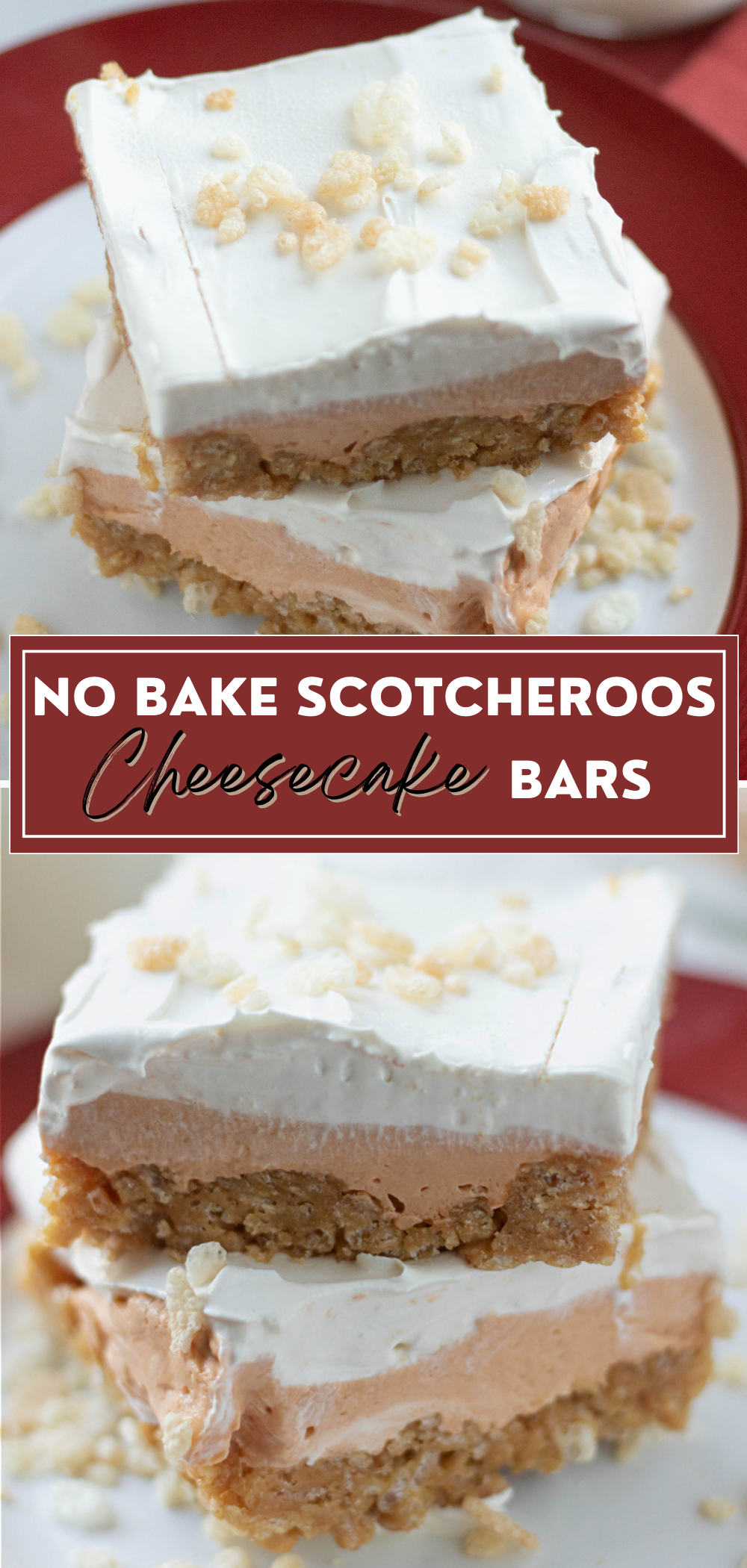 Enjoy the delicious layer of flavors in this easy no bake scotcheroos cheesecake bars! They are perfect for a simple weeknight dessert or potluck with friends, and will easily become a new favorite! This is an oldie but goodie retro dessert where the original recipe was introduced on the back of Rice Krispies cereal boxes. They are so good and the kids and whole family will love it! via @skinnydesserts