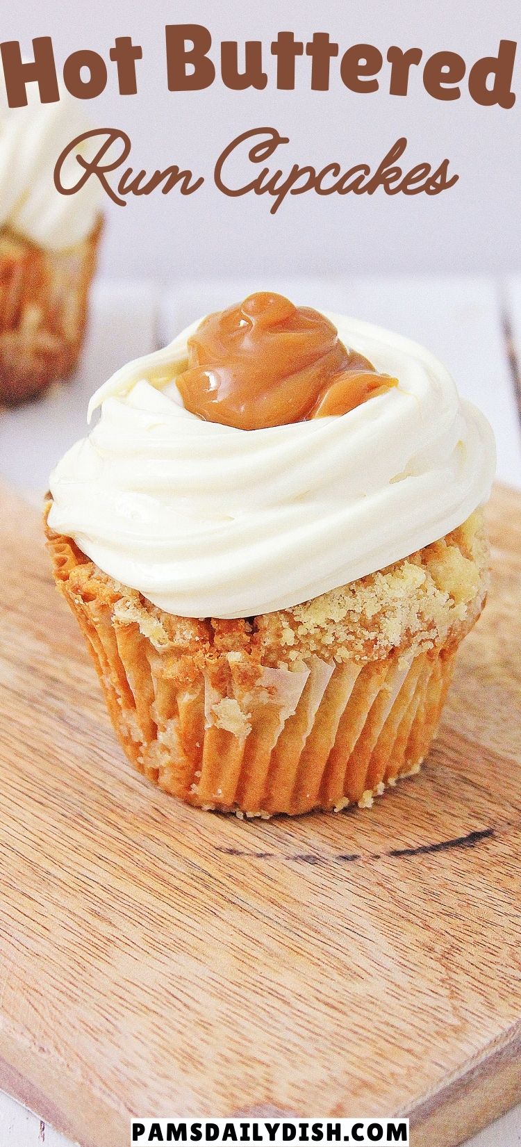 These Hot Buttered Rum Cupcakes are tender, flavorful, and topped with a rum frosting and sweet caramel sauce. The perfect dessert. via @skinnydesserts
