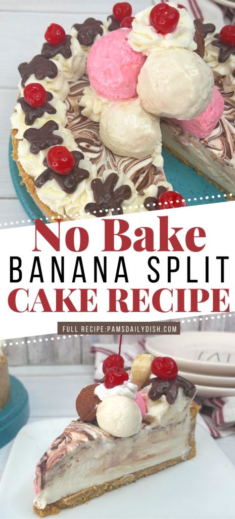 slice of no bake banana split cake on a white plate.