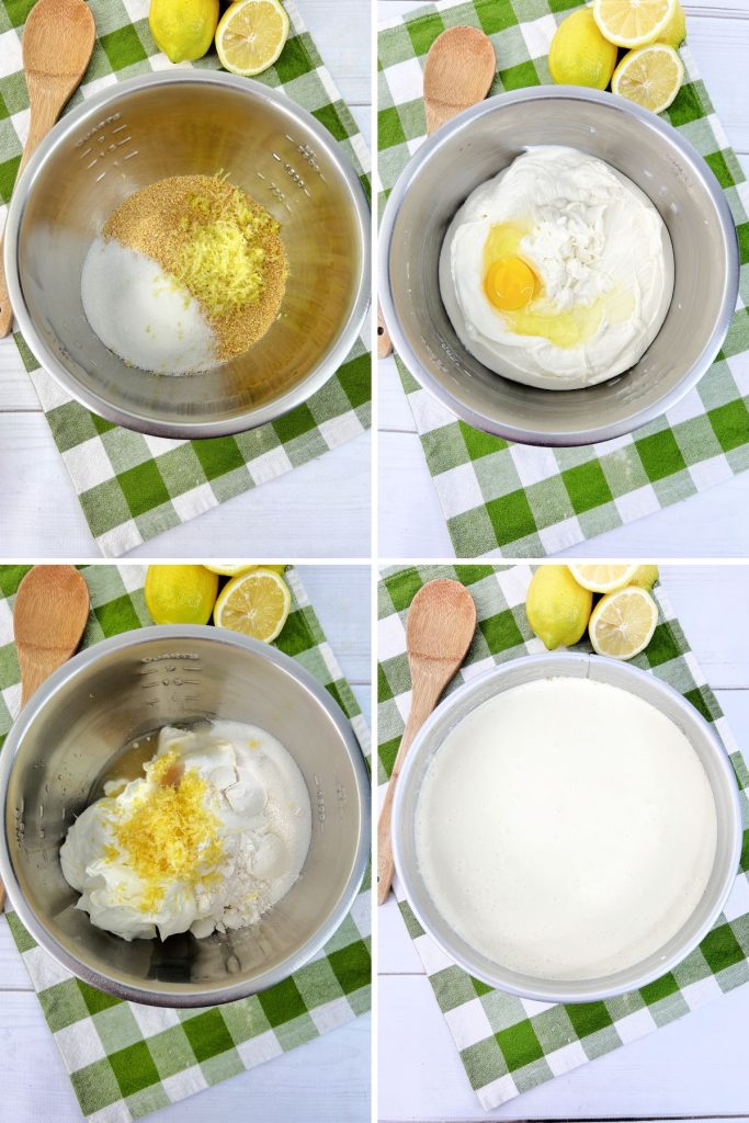 Ingredients being mixed in a large stainless steel mixing bowl.