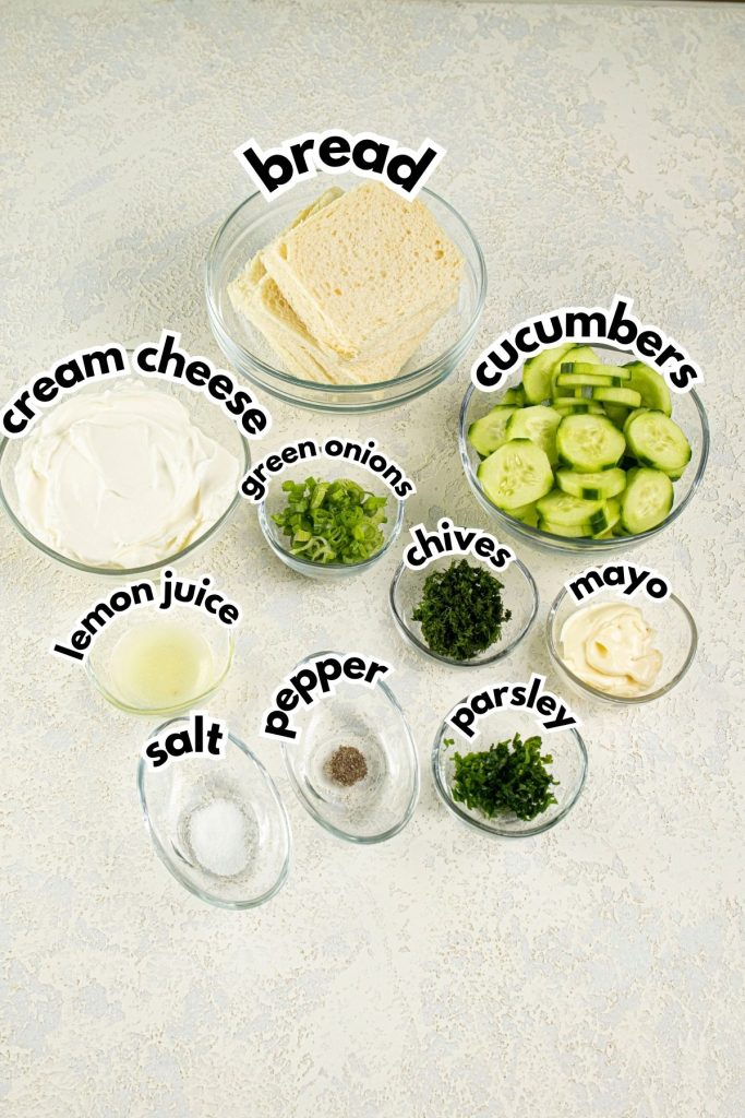 Bowls of ingredients labelled with text.
