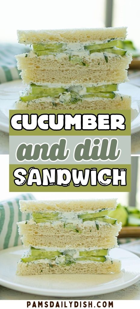 Cucumber and dill sandwiches stacked on a plate.