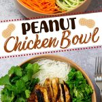 Wooden bowl full of peanut chicken bowl.