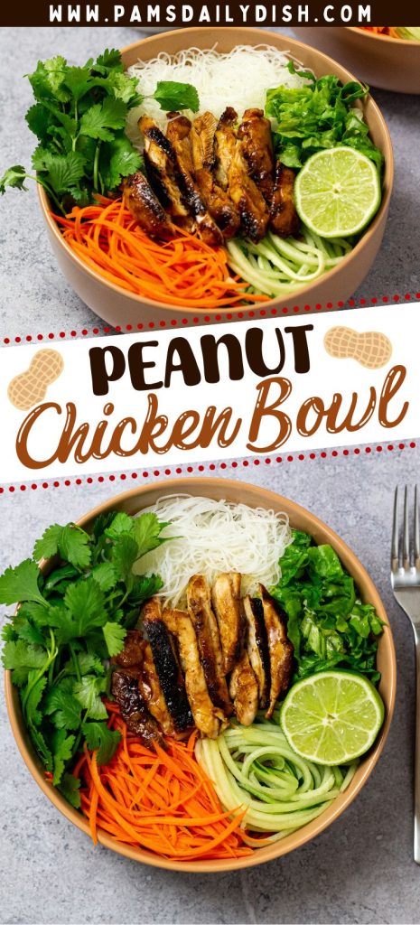 Wooden bowl full of peanut chicken bowl.