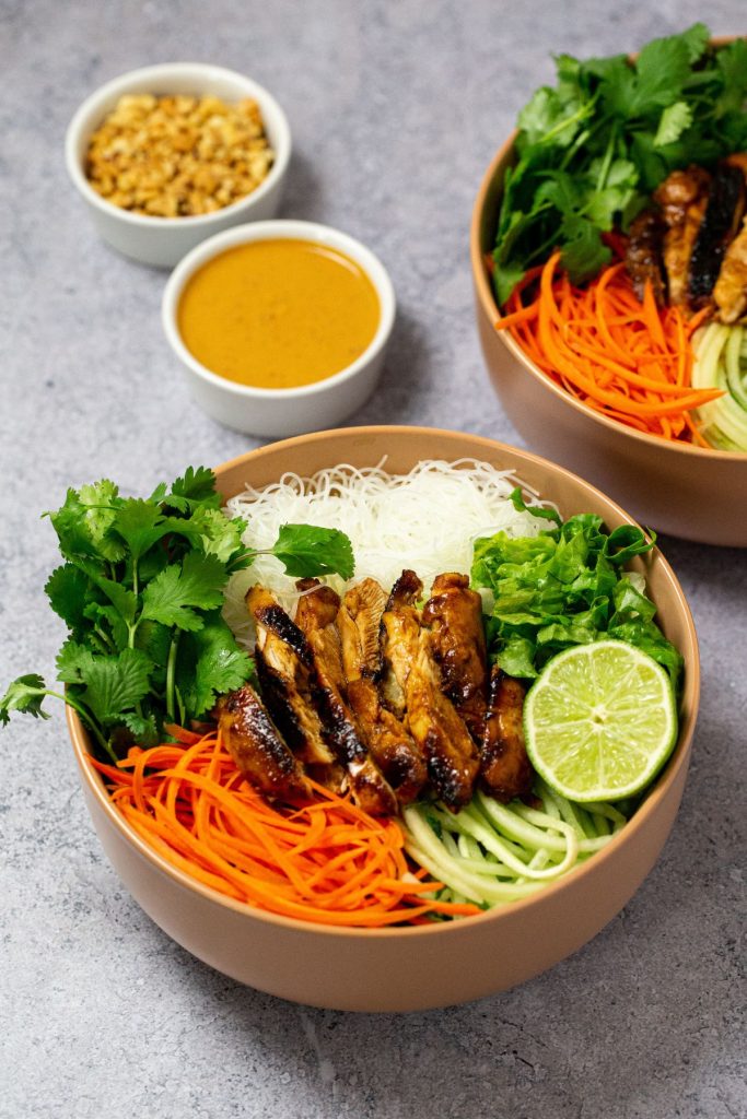 Bowls of peanut chicken salad.