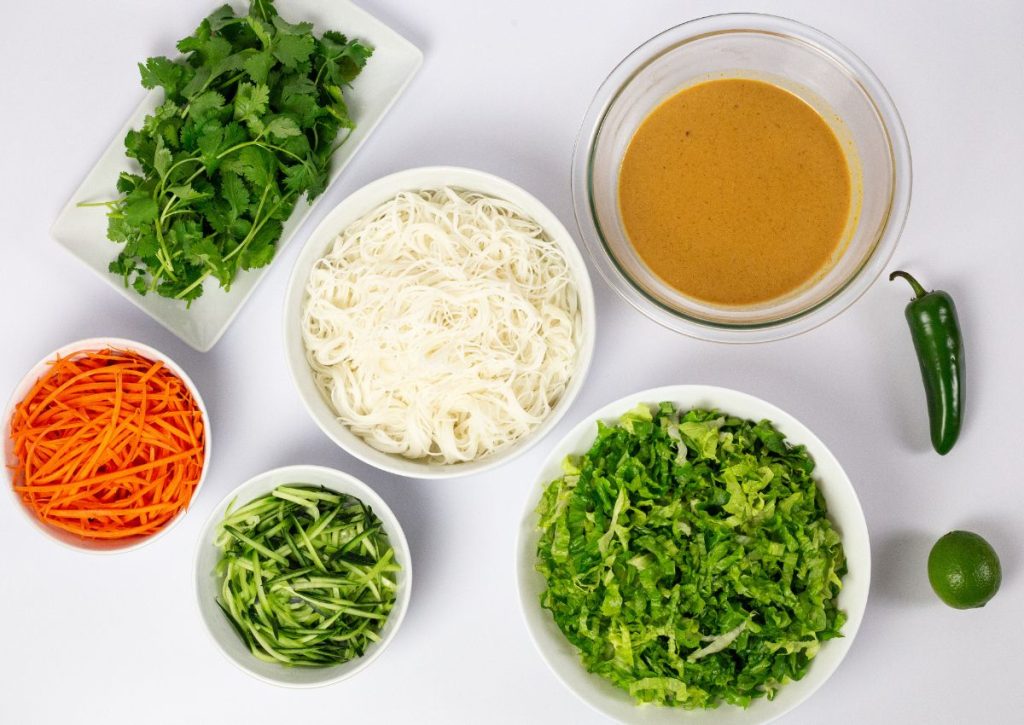 Bowls of ingredients on a counter.