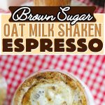 Plastic cup full of brown sugar shaken espresso on a white saucer.