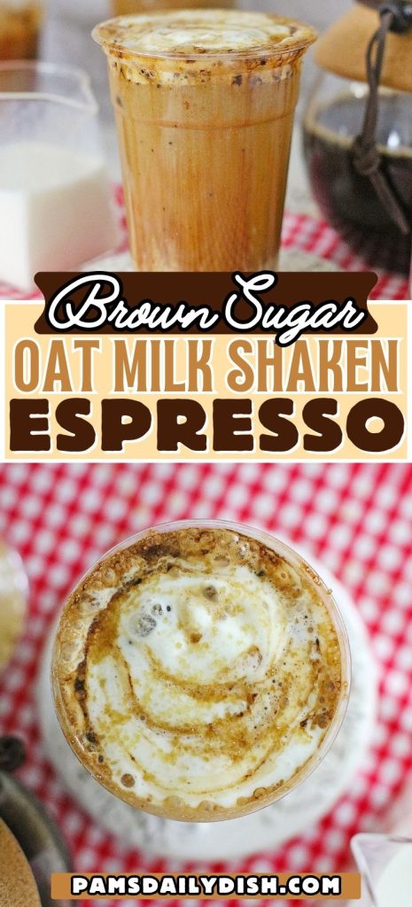 Plastic cup full of brown sugar shaken espresso on a white saucer.