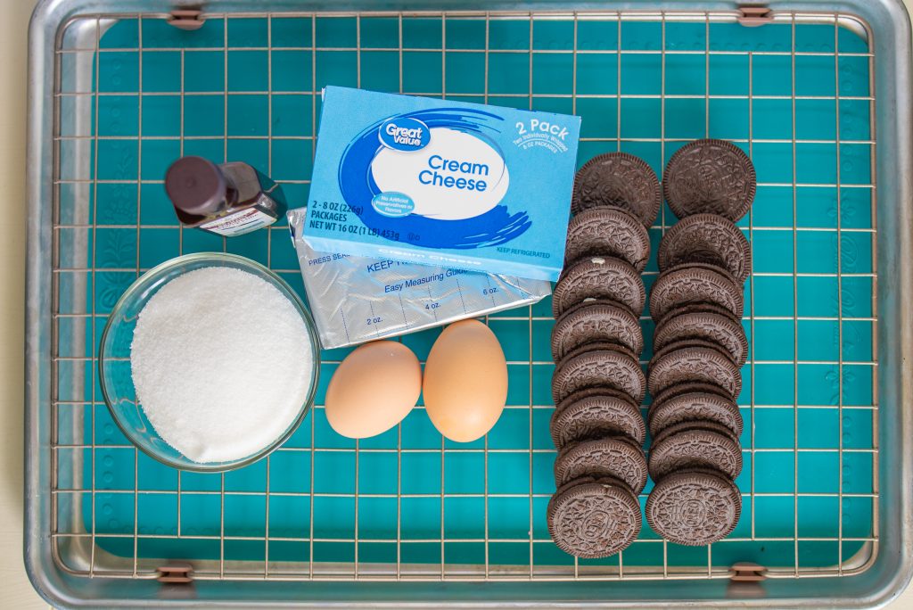 Ingredients needed to make Oreo Cheesecake Bites.