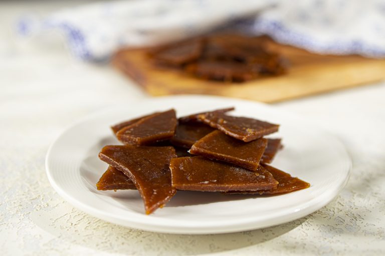 Toffee Bites on a white plate.